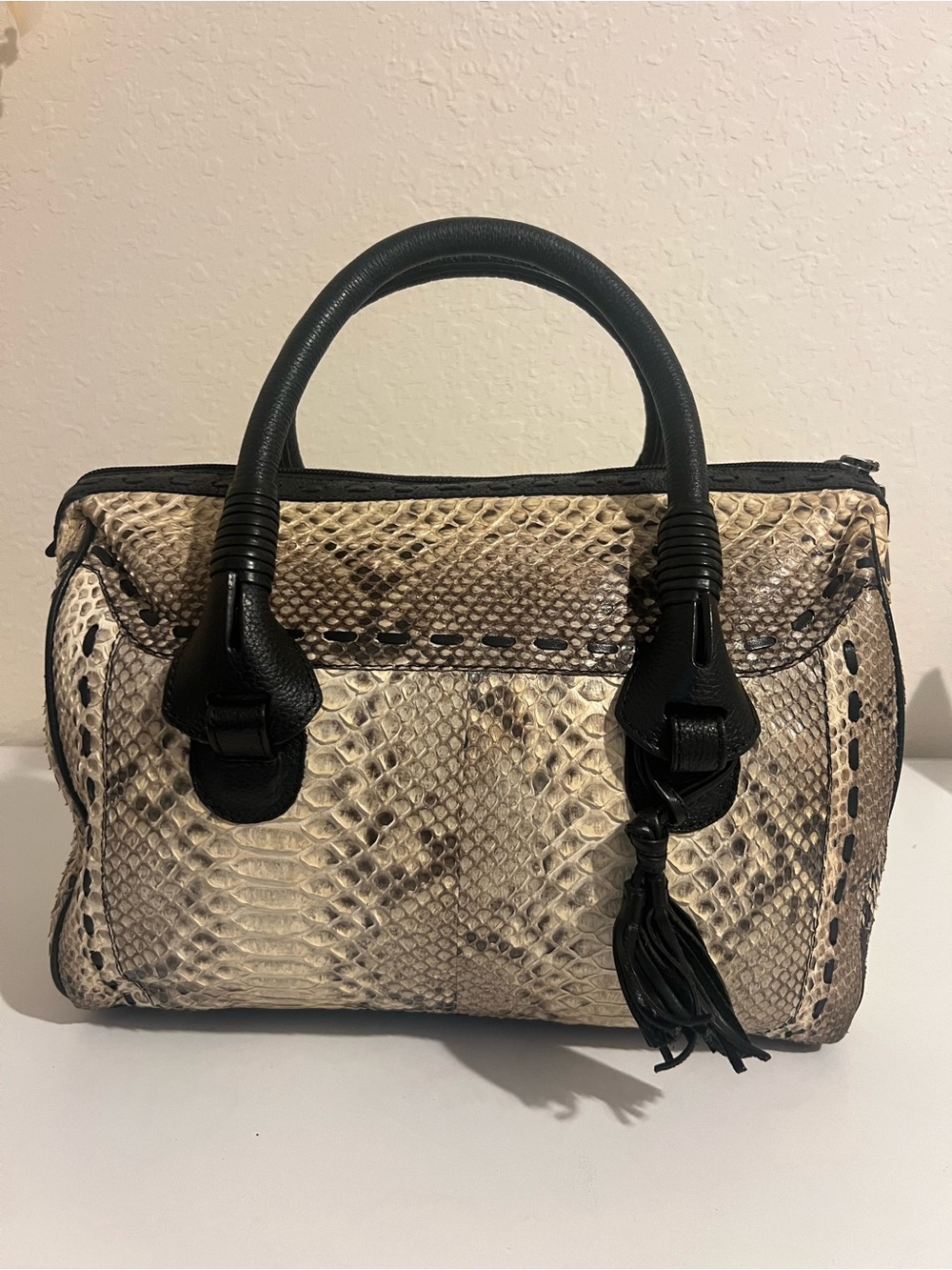 Cuadra - Python Snake Skin Printed Leather Purse with Hand Tied Tassels